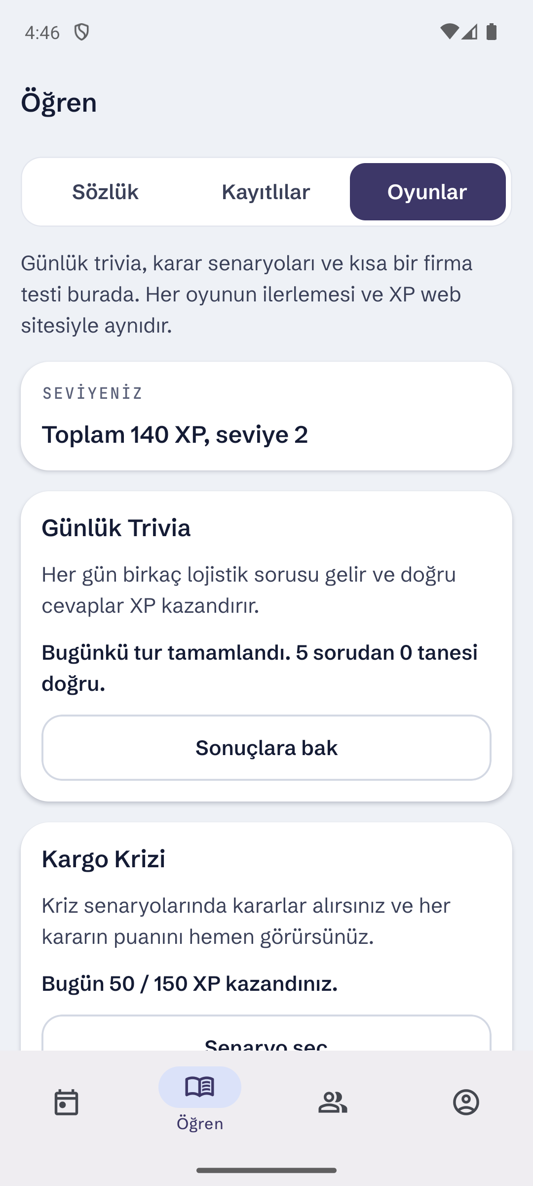Telefon uygulamasının oyunlar ekranı, test hesabından örnek