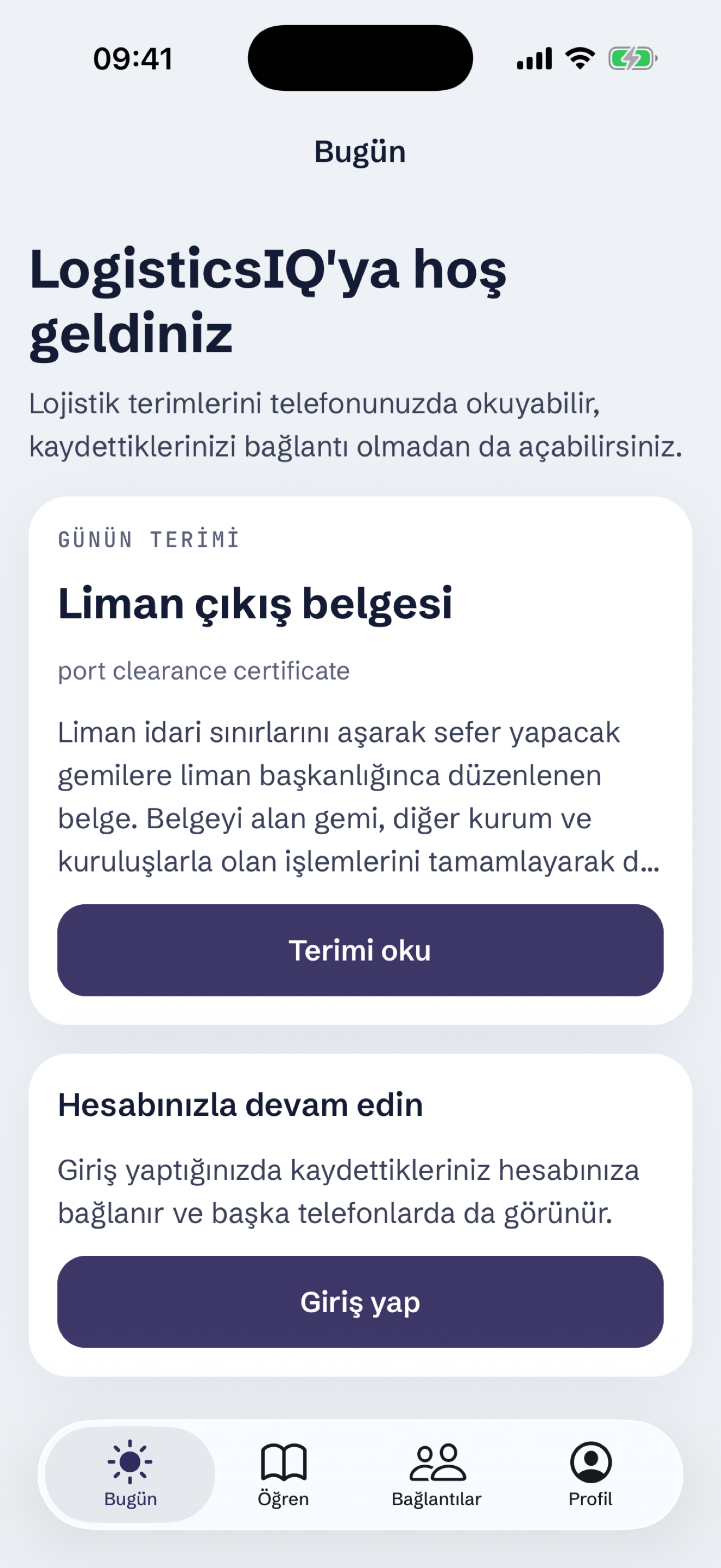 Telefon uygulamasında Bugün ekranı ve günün terimi